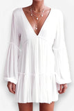 Deep V Neck Lantern Long Sleeve Dress