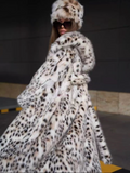 Hooded Leopard Print Faux Fur Long Coat