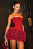 Strapless Corset Floral Ruffle Red Dress