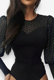 Mesh stitching round neck long-sleeved bodysuits