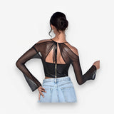 Black mesh backless halter neck top