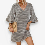 V-Neck Flared Three-Quarter Sleeve Short Dress