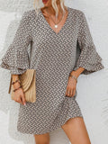 V-Neck Flared Three-Quarter Sleeve Short Dress