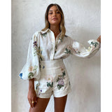 Floral long-sleeved shirt top high waist shorts suit