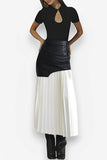 Pu leather stitching pleated skirt