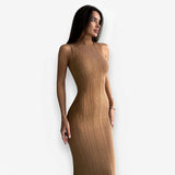 Knitted turtleneck sleeveless slim maxi dress