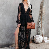 V-Neck Embroidery Lace Long Dress