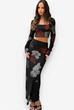 Long-Sleeved Floral Printed Skirt Suit