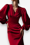 Lantern Sleeve Red Mid-Length Dress