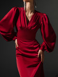 Lantern Sleeve Red Mid-Length Dress