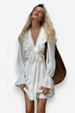 V-Neck Pleated Trumpet Sleeve Ruffled White Dress