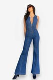 retro style high waist washed denim jumpsuit