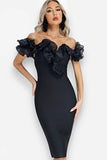 Bandage one-line strapless mesh black dress