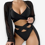 Cover-up Lace-up Bikini Swimsuit Three-piece Set