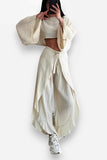 Linen Blend Crop Top Elastic Waist Ruffled Pant Set