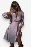 Long-Sleeved V-Neck pink Dress