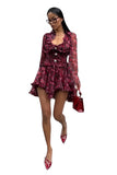 Floral Deep Neck Long Sleeve Mini Dress