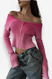 Off Shoulder Slim Fit Zip Up Sweater