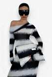 Striped Oblique Shoulder Long Sleeve Dress