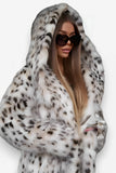 Hooded Leopard Print Faux Fur Long Coat